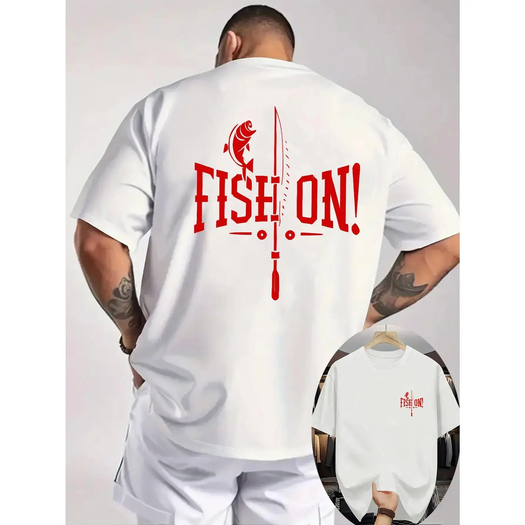 Men's Cotton Short-Sleeve Fishing Graphic T-Shirt - Casual Crew Neck, "FISH ON!" Print, All Seasons, Anglers Target, Normal Type, Machine Washable, Great Gift for Anglers