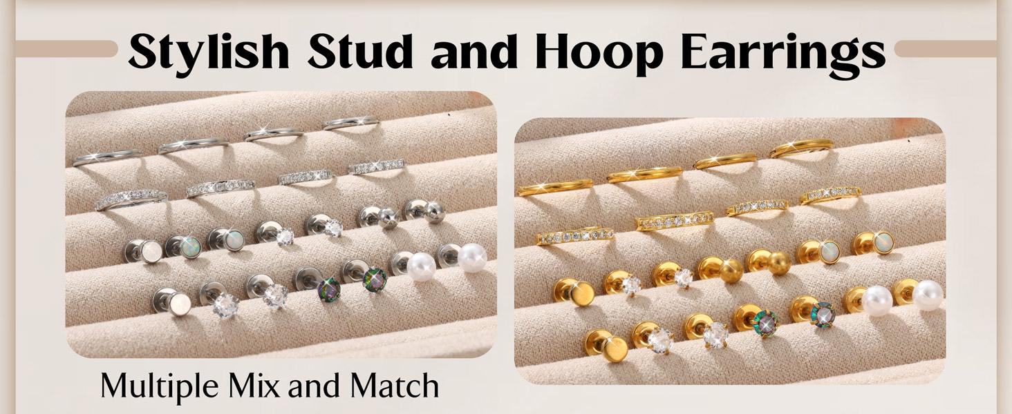 Hypoallergenic Stud Hoop Earrings for Women Small Flat Back Surgical Stainless Steel Earrings for Sensitive Ears Trendy Silver Hoops Cartilage Earring Stacks Set Multiple Piercing Jewelry Gifts