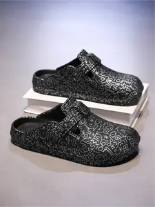1 Pair Unisex Graffiti Line Platform Clogs | Street Trend Style | Abstract Line Full Print + Soft EVA Midsole + Adjustable Strap | Daily Streetwear / Summer Outfits / Home Relax, Eye-Catching Trendy Slides