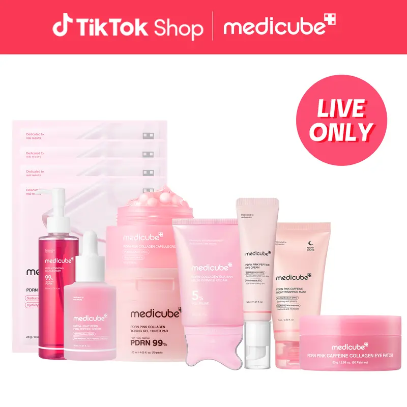 [LIVE Exclusive][medicube] shopbluewaters PDRN Full SET | Complete Glow+Firming Skincare Set | Gel-to-Foam Cleanser, Gel Toner Pad, PDRN Ultralight Serum, PDRN Capsule Cream, Neck Guasha Cream, Eye Serum, Wrapping Mask | Radiance-Boost Routine | K-Beauty