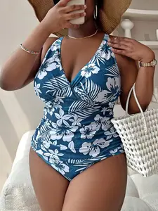 Plus Size Floral Print Criss Cross Backless One-piece Swimsuit, Boho Deep V Neck Ruched Swimwear, Women's Summer Swimsuit for Beach Holiday Vacation, Tropical Print Swimsuit, Beachwear Swimsuit