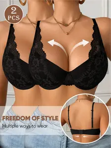 2-Pack Floral Lace Bras, Underwear, Lingerie, Underwire Buckle Bra, Slim-Fitting Max Support, Lined Casual Wear, All Seasons, Plain Pattern, 3/4 Coverage