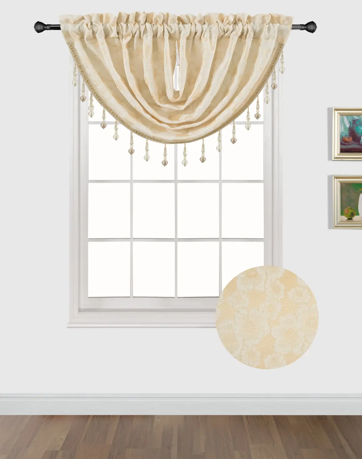Yara Jacquard Waterfall Valance | Elegant Window Topper Beaded Curtains Room Decor Curtain