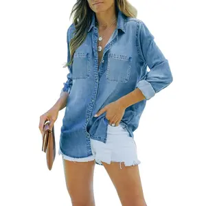 Womens Button Down Denim Shirt Chambray Casual Long Sleeve Collared Boyfriend Jean Jacket Shacket with Pockets