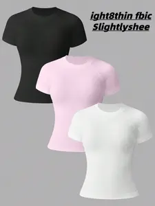 Sporty Women's Solid Round Neck Sports Tee, Gym Yoga Tops, Fitness Top, Breathable Comfortable Short Sleeve T-shirt for Yoga Gym Workout, Ladies Sportswear for All Seasons