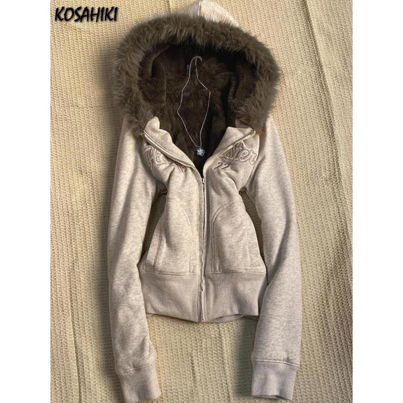 Y2k Aesthetic Vintage Fur Patchwork Hoodies Autumn Grunge Letter Embroidery Hoody Streetwear Cropped Zipper Sweatshirt Jackets