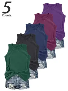 Fashion Casual Simple Basic Solid Color Versatile Sleeveless Women's Top Vest Set, Fitted Plain Design, 5 Piece Combo Pack