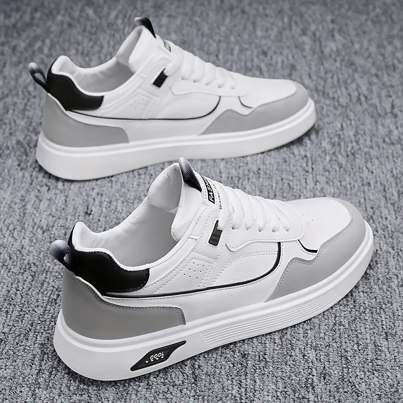 2024 Men's Low-top Skate Shoes - White and Gray Casual Lace-up Sneakers, Durable PU Upper and PVC Sole, Comfortable Insole, Suitable Casual Wear