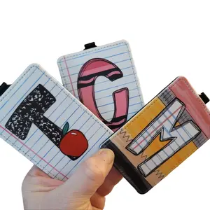 Mommie Peas Creations Personalized ID Trendy Badge Holder Durable Faux Leather Vertical ID Holder for Educators and Professionals with Notebook Pencil Design and Clear Plastic Sleeve