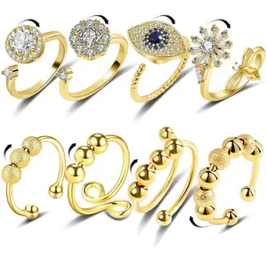 8Pcs Tarnish-Free Fidget Ring Set | Adjustable Boho Spinner Rings For Anxiety Relief | 18K