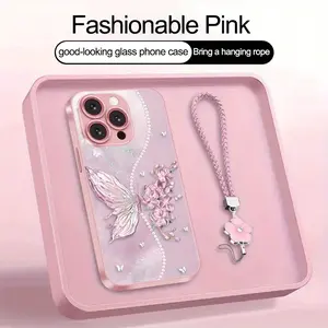 Butterfly Flower Series Metal Paint Glass Phone Case with Lanyard for iPhone , Cute Unisex Minimalist Lightweight Business Style Protective Cover, Perfect Gift for All Seasons