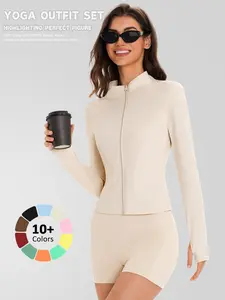 Women's Training Zipper Jacket + High Waist Shorts Set, Athleisure Sportswear Set, Fashionable Minimalist Solid Color, Four-Season Sportswear, Running, Cycling, Gym
