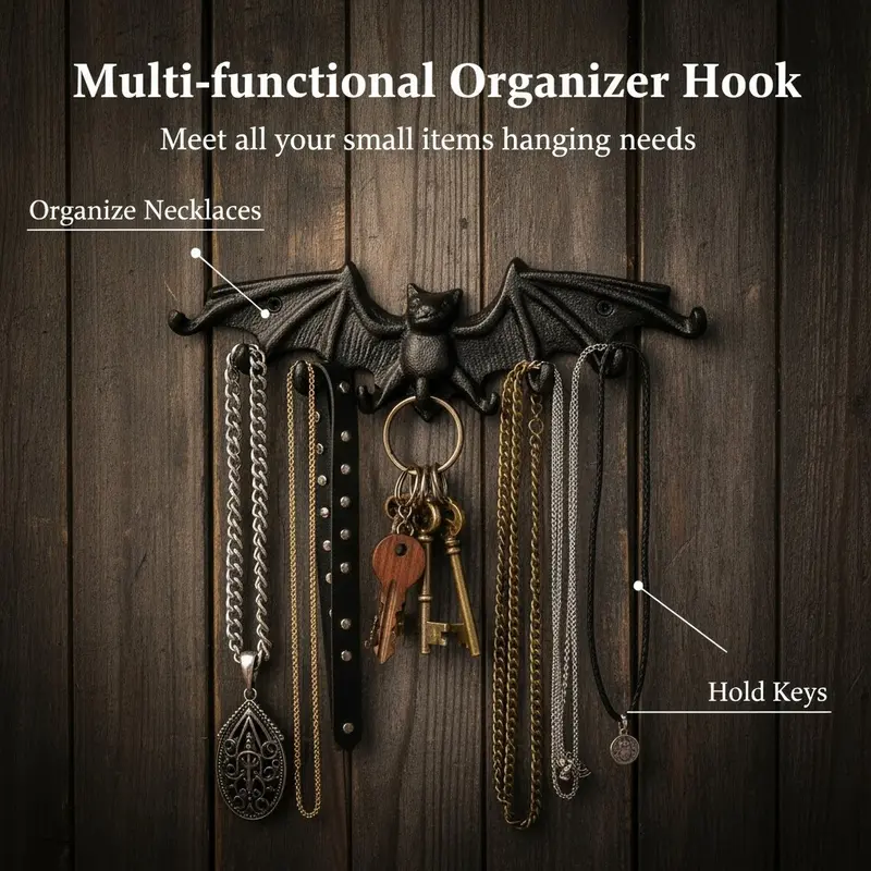 Vintage Cast Iron Bat Hook, Gothic Style Charm Key Holder, Key Hanger Wall Mount, Necklace Jewelry Storage Rack, Wall Decor Hanging Hook Hang Small Items, Home Decoration, Wall Mount Organizer