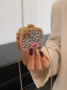 personalized square bag, simple and trendy women's niche bag, women's shoulder bag crossbody bag, metal chain design, a small bag that can hold headphones and lipstick, suitable for commuting, shopping, Casual Trendy Purse, Elegant Rhinestone Bag
