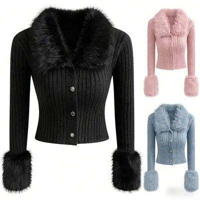 Black Fuzzy Trim Cardigan - TikTok Shop
