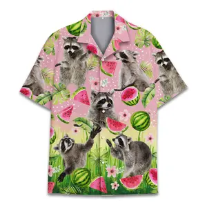 Raccoon Hawaiian Shirts Men, Raccoon Short-sleeve Hawaiian Shirt, Raccoon Watermelon Button Up, Holiday Summer Beach Short Sleeve Shirt