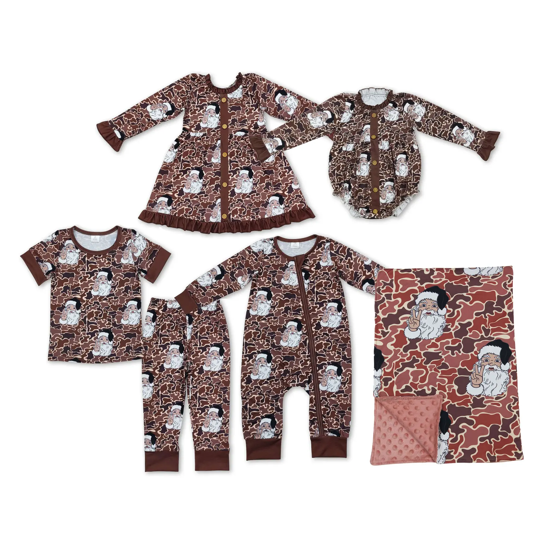 Boys' 2-Piece Santa Camo Pajama Set - Soft Stretch Modal Round Neck Short-Sleeve Top & Pants, Festive Design, 0/3M - 7/8T, Super Soft & Cozy for Christmas Eve, Perfect Holiday Vibes Kids' Sleepwear, Trendy Brown Camo, Pajama Clothes, Soft Breathable Pjs