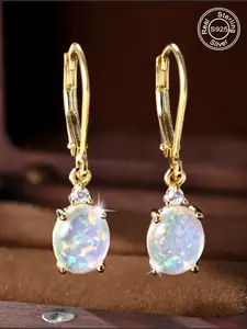 New Fashion S925 Silver Oval Opal Earrings for Women, Elegant Rhodium Plated Ear Studs, All Season Jewelry Gift for Her
