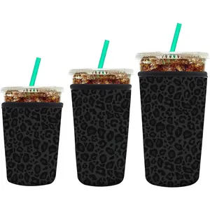 3 Pack Reusable Neoprene Insulator Sleeve for Iced Coffee Cups, Funny Cute Coffee Cup Sleeves Fit 16-32oz, for Cold Hot Beverages, Cute Black Leopard