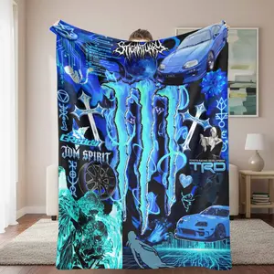 Blue Flame JDM Spirit Flannel Blanket - Art Graphic, Cosmic, Cyberpunk, Crisscross, Cross Detail Throw with Cyber Street Racing, Neon Moon Prints - Soft, Warm, Lightweight for Bedroom, Sofa, Gift Decor, Art Graphic Blankets, Cosmic Blankets