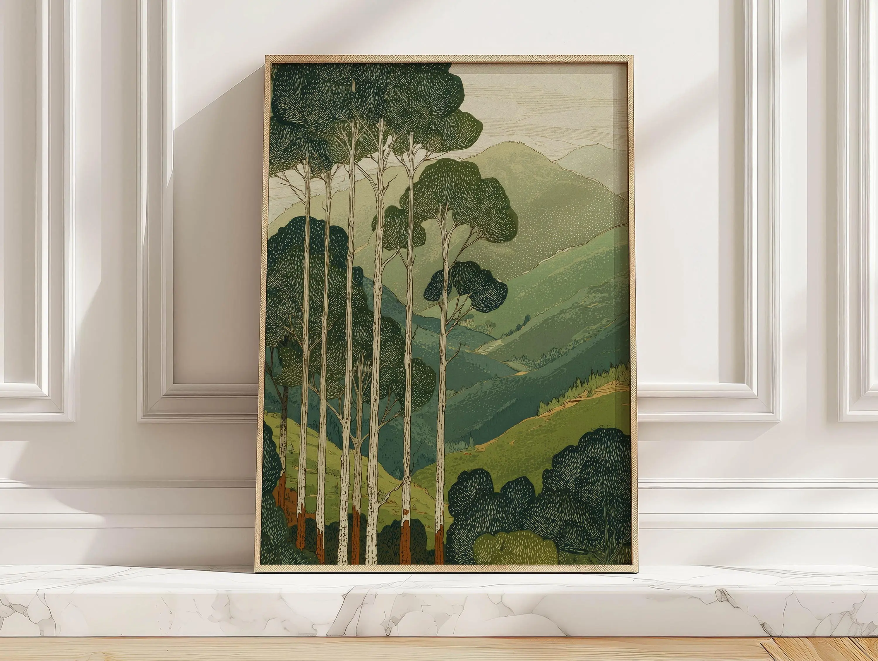 Vintage Forest And Mountain Landscape Art Print, Tall Trees Over Rolling Hills Poster, Japanese Style Nature Wall Art For Living Room