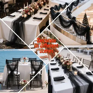 2-pack, vintage semi-transparent black tulle table runners, made of polyester fabric with adjustable mesh, suitable for wedding ceremonies, parties, decorations, and can be used to decorate arches, tables, or ceilings, Party Decoration Supplies