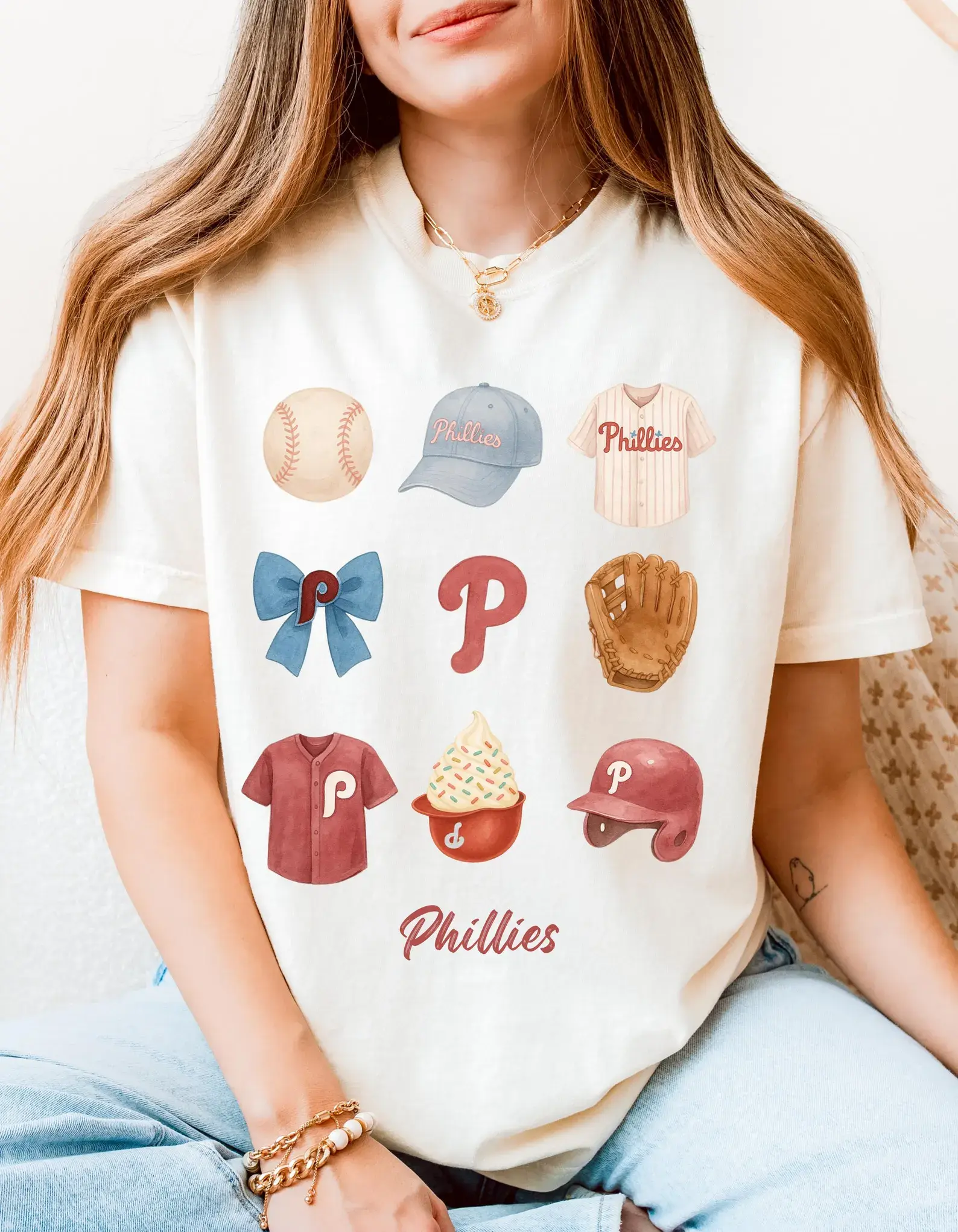 Phillies Women & Girls T-Shirt Watercolor Baseball Graphic Tee, Cute Philly Fan Shirt Mom & Daughter Matching Game Day Outfit