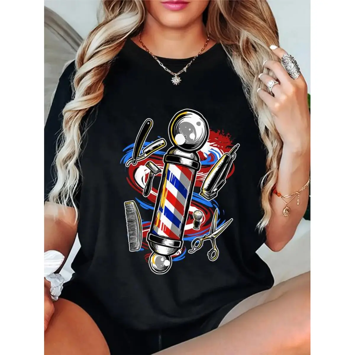 Men's Barber Graphic Cotton Tshirt, Casual Round Neck, All Seasons Professional Apparel for Hairstylists, Themed