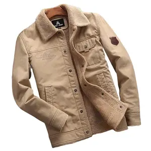 Men’s winter jacket, sherpa-lined warm trucker style (Amylfzc-3166-Kaqise), multi-pocket casual design, turn-down collar, cotton/wool long sleeves, khaki beige color, water-resistant fleece-lined ski jacket, menswear coat