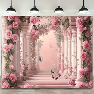 1pc Roman Garden Backdrop - Pink Roses Butterflies Design Polyester Banner for Wedding Anniversary Outdoor Event Multiple Size Options