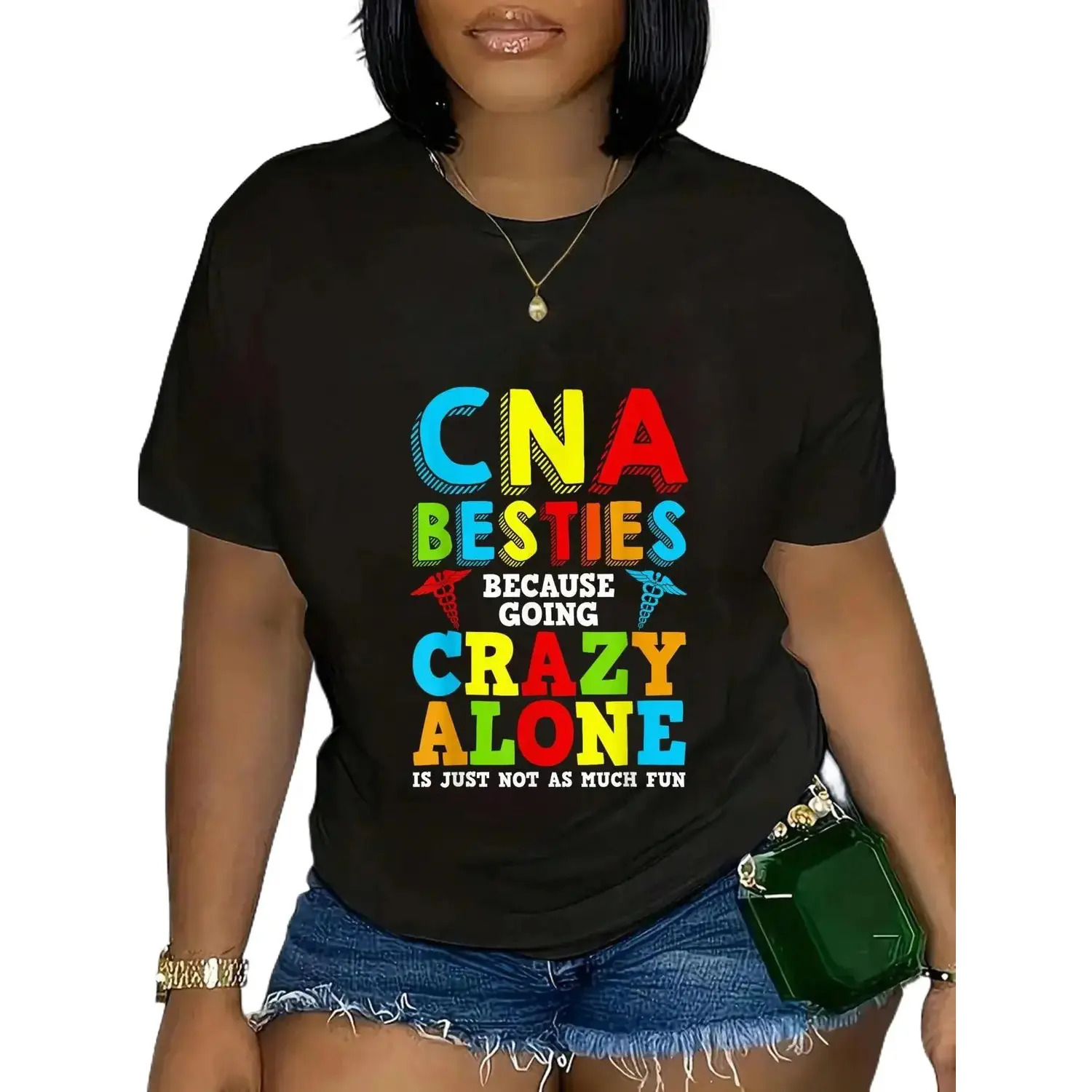 Funny CNA Design Healthcare Worker Women Girls Nurse Besties Summer Casual Shortsleeve Cotton T-Shirt