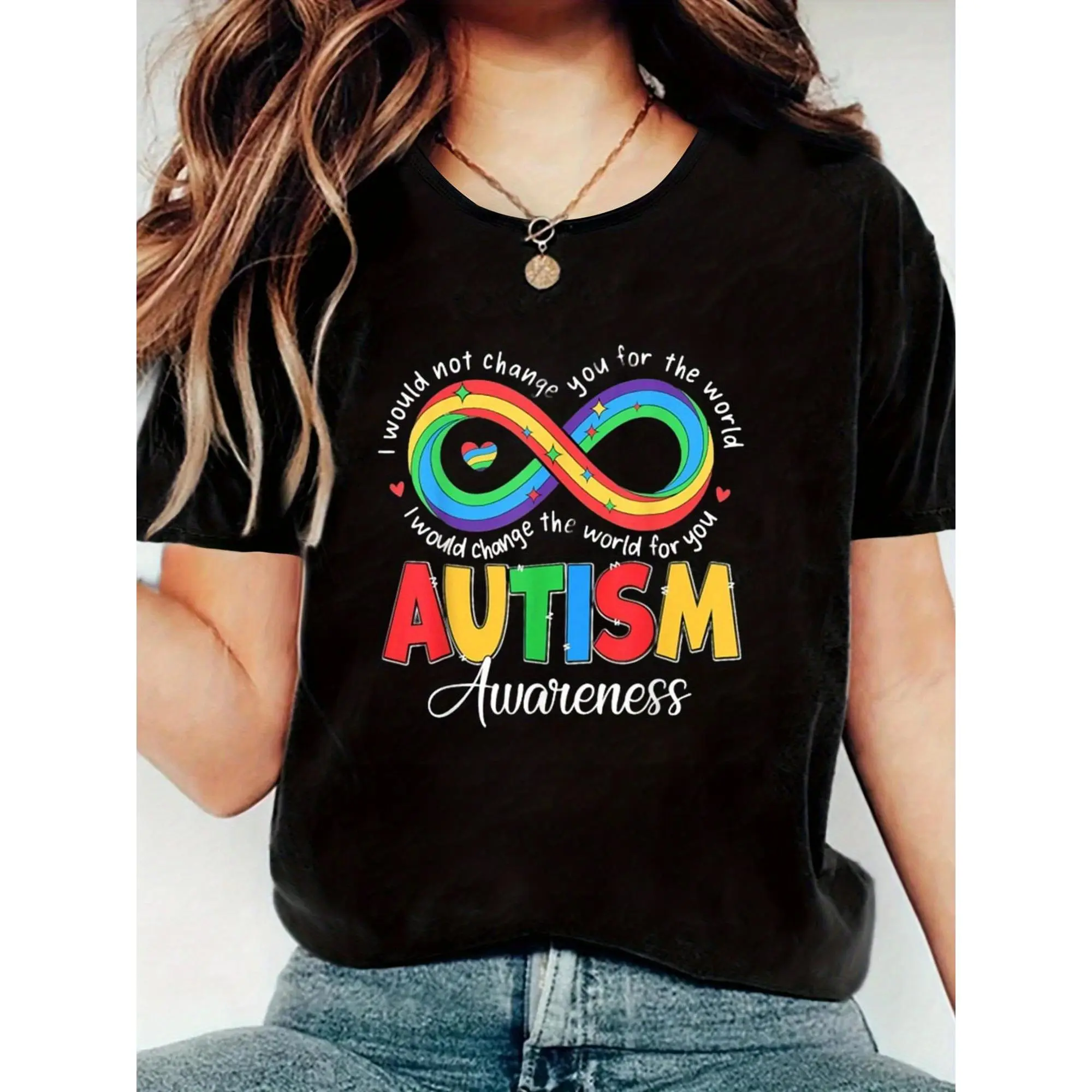 Autism Awareness Infinity Symbol Women's Crew Neck T-Shirt Short Sleeve Black with Colorful Graphic Design 100% Cotton
