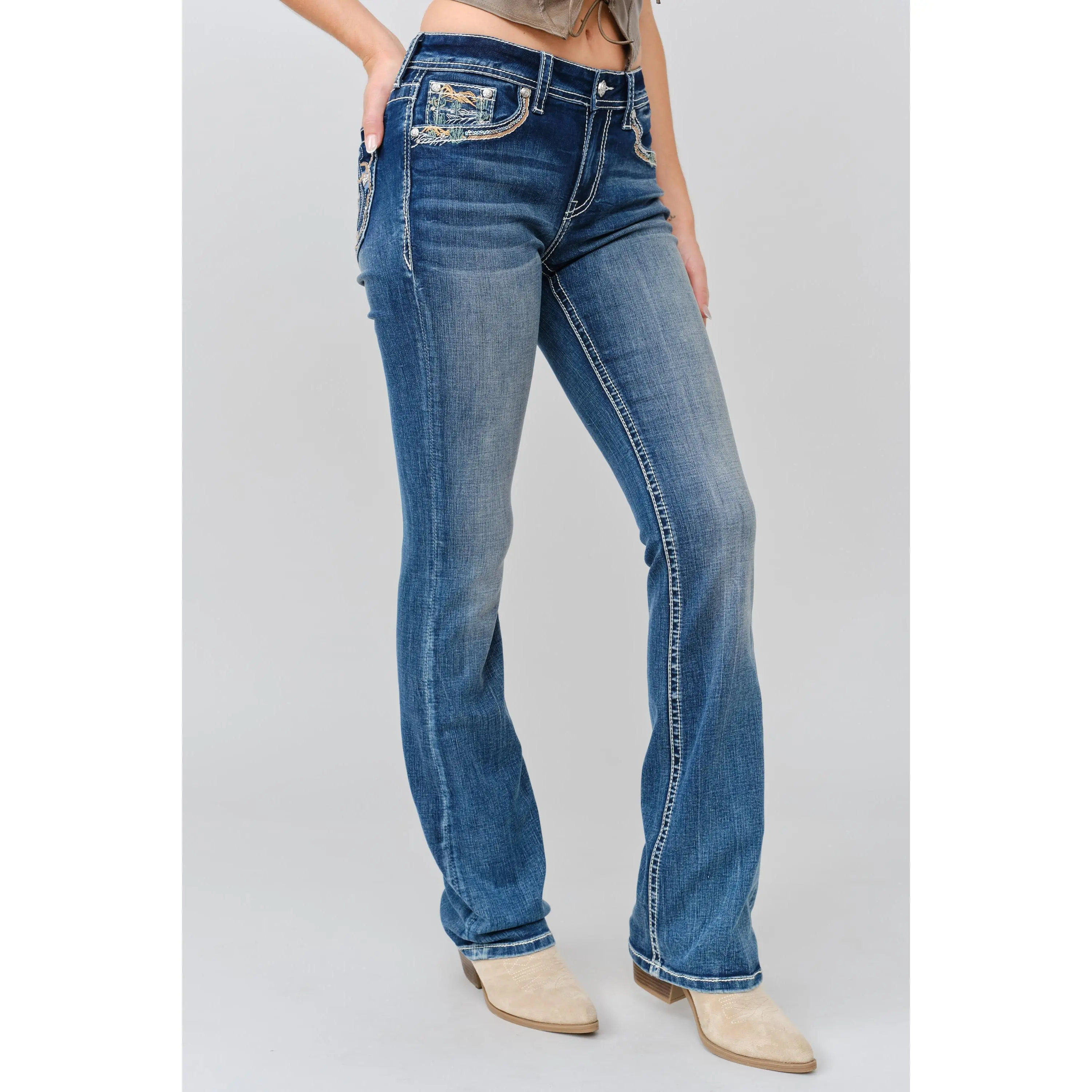 Star Motif Bootcut Jeans Blue Bottoms