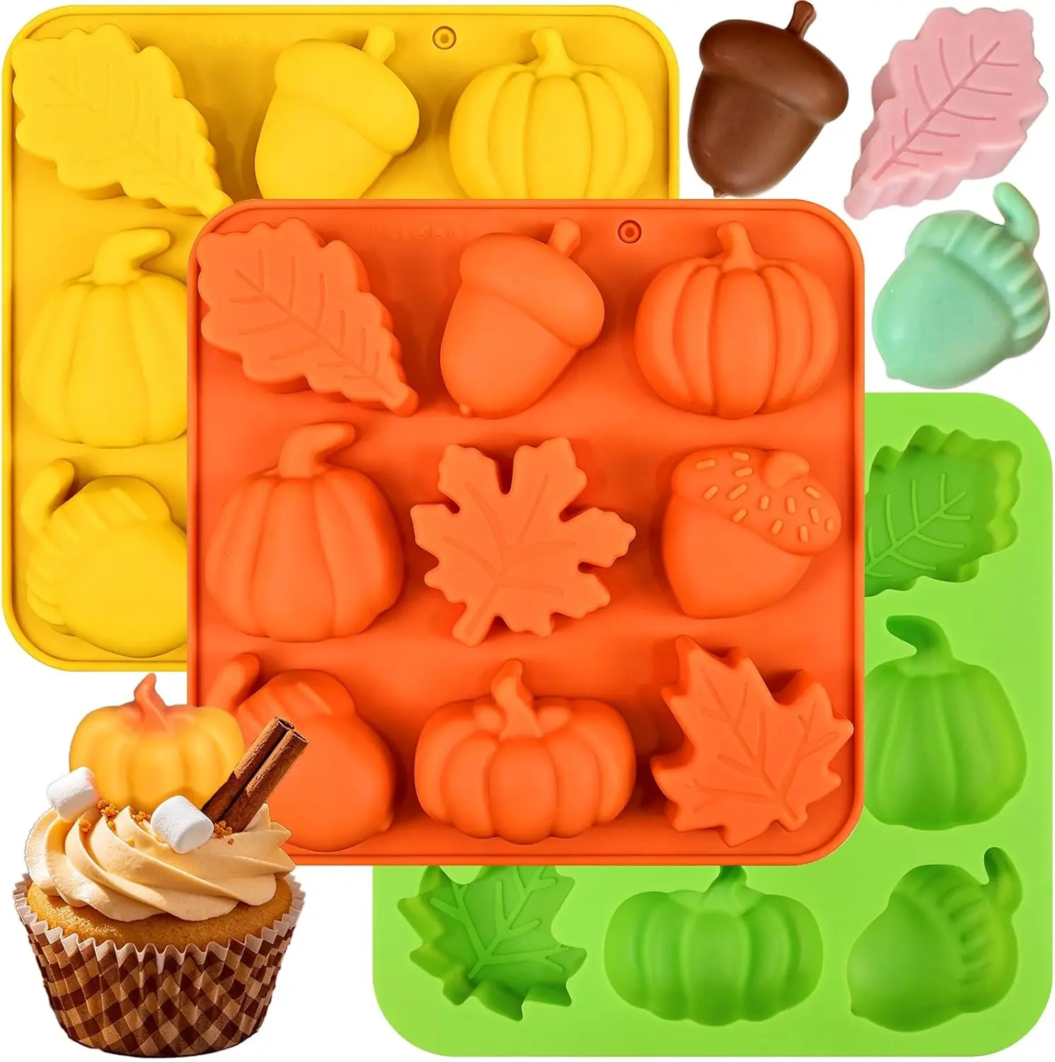 3 Pack Fall Silicone Molds, Autumn Molds Silicone Pumpkin Thanksgiving Mold | Fall Theme Molds Pumpkin Maple Leaf Acorn Moulds for Chocolate Candy Ice Cube Soap Candle for Harvest Thanksgiving Halloween