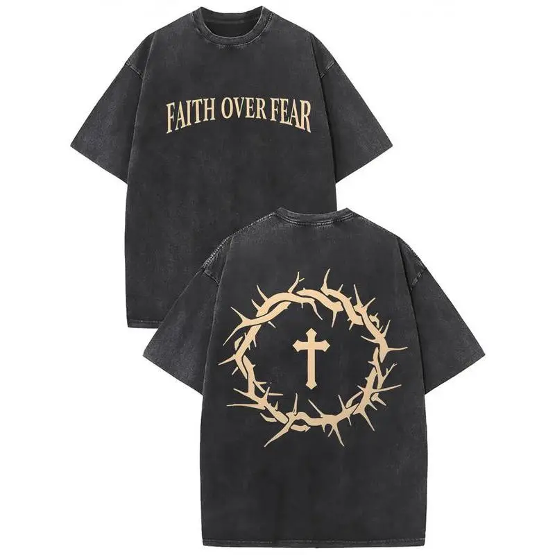 Shortsleeve Unisex 'Faith Over Fear' Print Tee, Loose Sporty Top with Dropped Shoulders for Gym and Casual Wear, Retro, Breathable, Fashion, Graphic, Clothes
