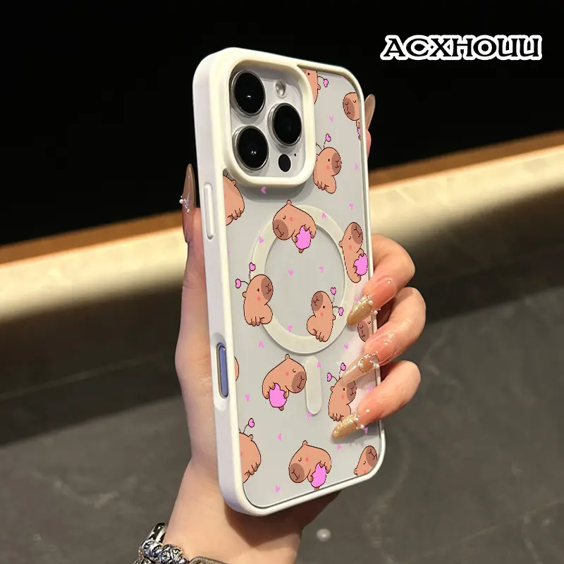 Capybara Love Hearts Pattern Magnetic Silicone Smartphone Case - Transparent Acrylic, Anti-Yellowing, Anti-Drop, Shockproof, Lightweight, Wireless Charging Compatible for iPhone 17,16,15,14 Pro Max,13,12,11,XR,XS Plus