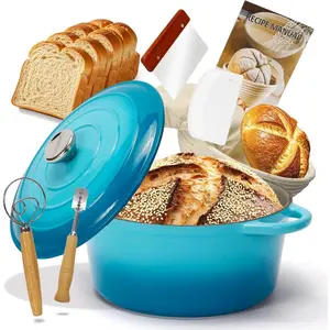 5QT Enameled Cast Iron Dutch Oven for Bread Baking with Lid, Sourdough Baking Supplies with Proofing Basket, Bread Set, for Braising, Stews, Roasting (Teal)