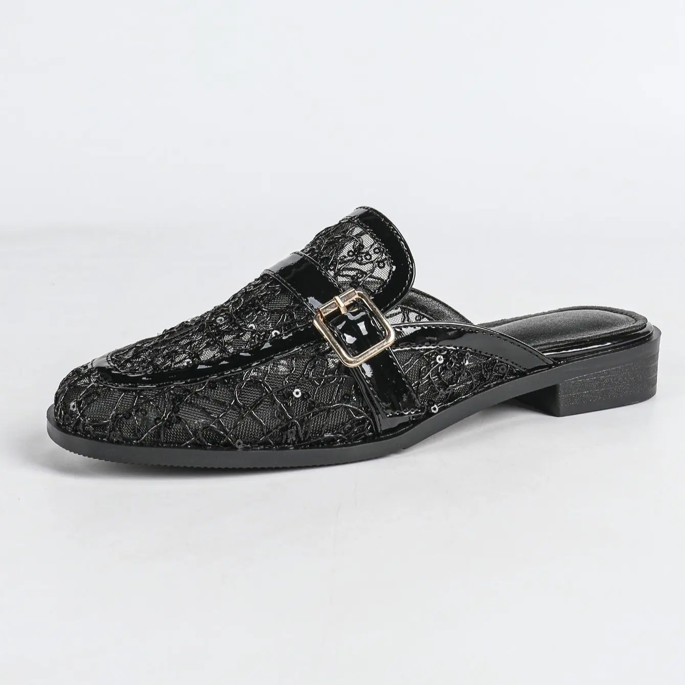Women's Elegant Lace Mesh Mules Slip On Loafers Closed Toe Slides Sequin Sparkle Buckle Strap Low Block Heel Dressy Slippers Breathable Sheer Flats Office Work Party Wedding Casual Chic Footwear