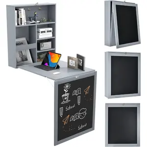 Folding Wall Mounted Desk, Floating Desk with Chalkboard, Space Saving Fold Up Desk Wall Mounted Convertible Desk, Wall Mounted Table with Storage Shelves & Hooks