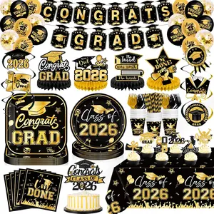 Graduation Decorations 2026 Gold and Black Class of 2026 Plates and Napkins Congrats Grad Banner Balloons Honeycombs Table Centerpieces Cake Topper for 202