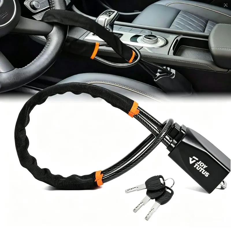 【SummerFinds】Joytutus Car Steering Wheel & Seat Belt Anti-Theft Lock, Car Accessories, 17-Inch Max Length, Small Lightweight Multi-Functional Security Device for Most Vehicles, SUVs, Golf Carts (Black)