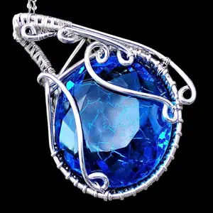 Sterling Silver Faceted Blue Topaz Glass Crystal Elven Elvish Victorian Fantasy Wire Wrapped Gemstone Pendant Necklace