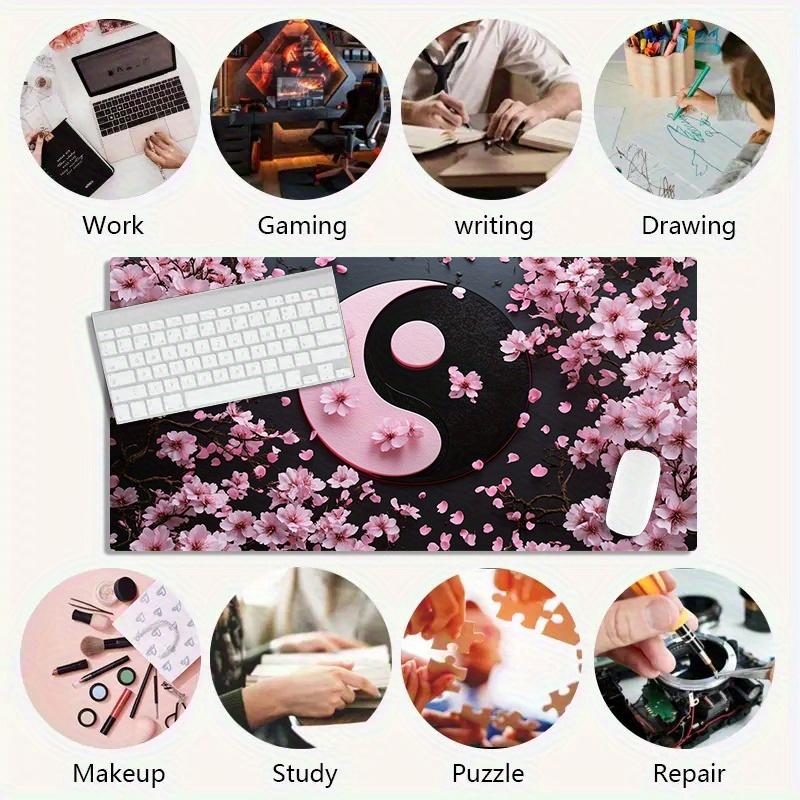 High Quality 1Pc Large Yin-Yang Cherry Blossom Gaming Mouse Pad With Non-Slip Rubber Base, Pink & Black Japanese Design - Oversized Desk Mat For PC, Computer, Office & Gaming Setup, Washable Surface, Ideal Gift For Gamers & Professionals