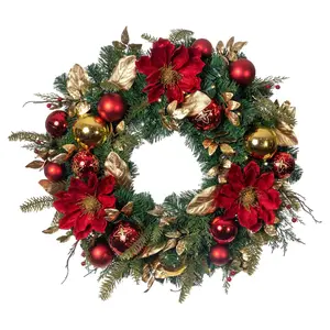 Village Lighting 30" Pre-Lit Wreath-Golden LeafRed Magnolia