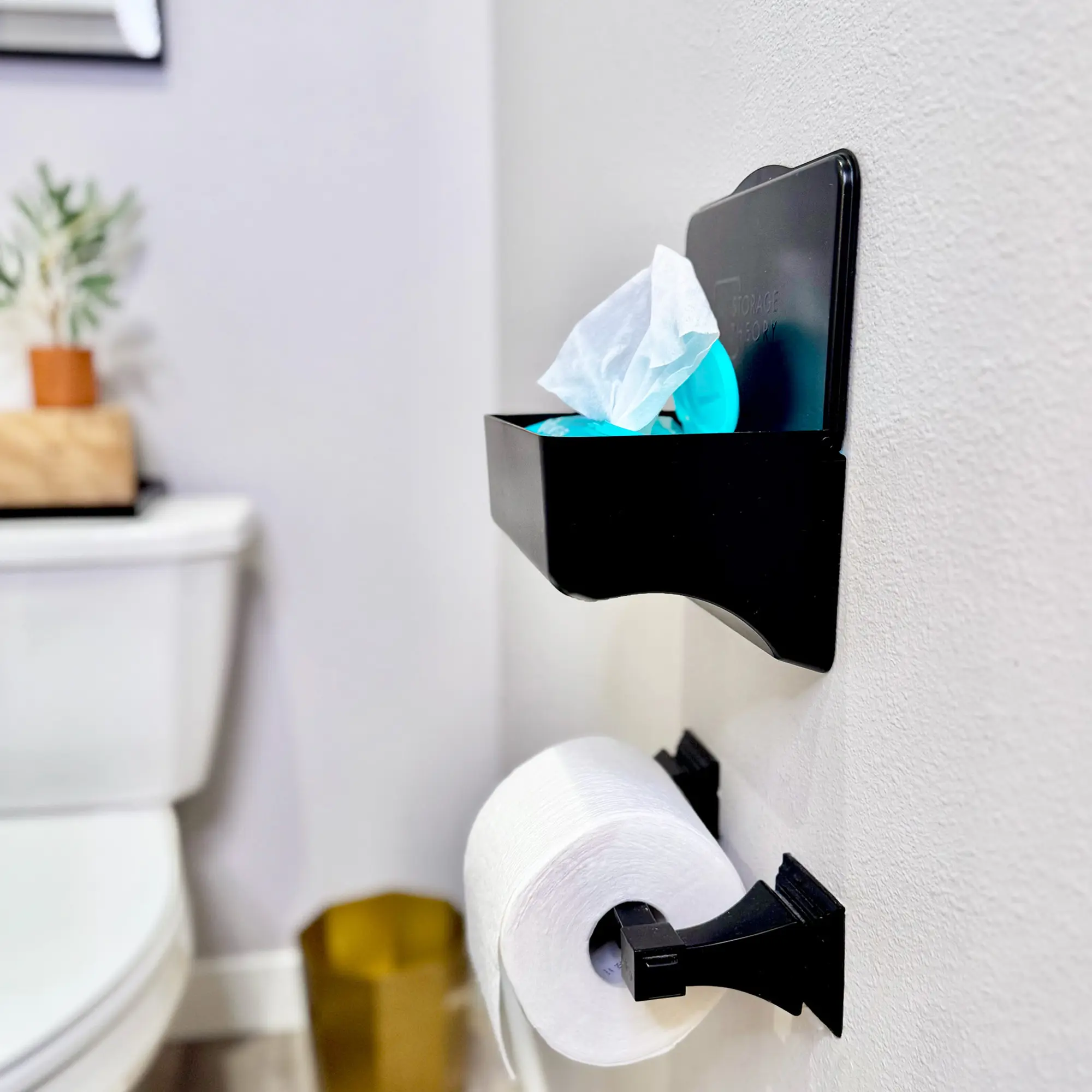 Bathroom Wipes Holder with Shelf – Restroom Organizer & Toilet Wipe Holder for Bathroom – Tool Free Wall Mount by Storage Theory