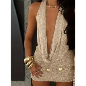 birthday dress [Sexy Halter Mini Dress] Sexy Deep V-Neck Halter Neck Mini Dress |   Open Back, Low Cut Front, Waist-Tie Detailing, Solid Color Hollow-Out Cover-Up without Belt Formal Knit