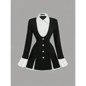 Women’s 2‑in‑1 black waist‑cinching long‑sleeve flounce suit blazer; New Year’s women; business casual women; office wear for women; elegant black; fabric fit for college students in fall/winter; love for womenswear