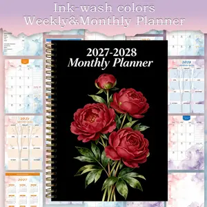 2027-2028 Monthly Plan Sheet/Calendar - From January 2027 to December 2028, a 2-year monthly plan sheet, featuring an elegant red peony flower design with green leaves, suitable for home, office, and as a gift - High-quality paper notebook, exquisite desi