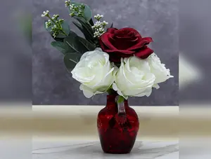 aux Flower Arrangement with Red and White Roses, Eucalyptus in Red Textured Vase
