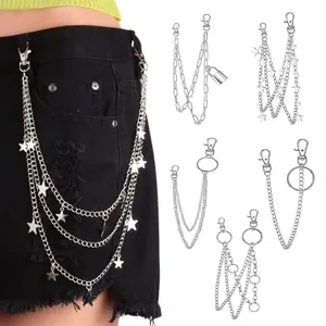5PCS Silvery Chain Belt Jeans Pants,Jeans Pants Chain Belt,Goth Chain Pocket Waist Chain with Star,Moon,Snake,Lock Decorations for Women Men,Great for Birthday Gifts,Holiday Gifts layer